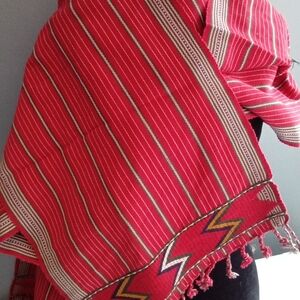 Hand Woven Striped Scarf Shawl Red White Tan Fringe Tribal Boho‎